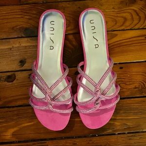 Unisa Tazz Slide Kitten Heels Strappy Sandals Pink & Silver Size 11 NWT